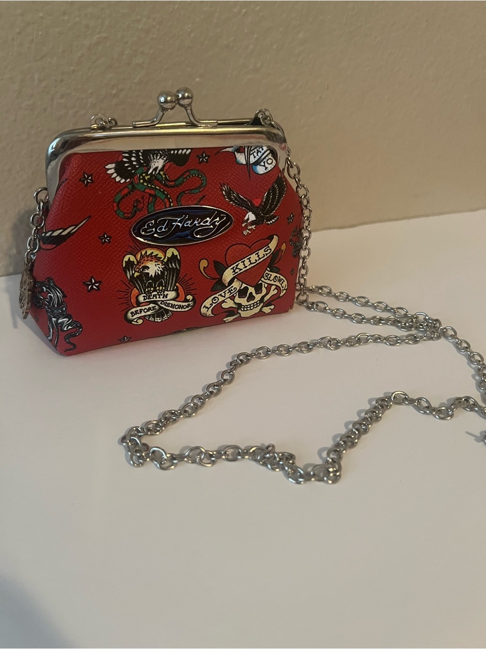 Ed Hardy Red Tattoo-Print Kiss-Lock Mini Crossbody